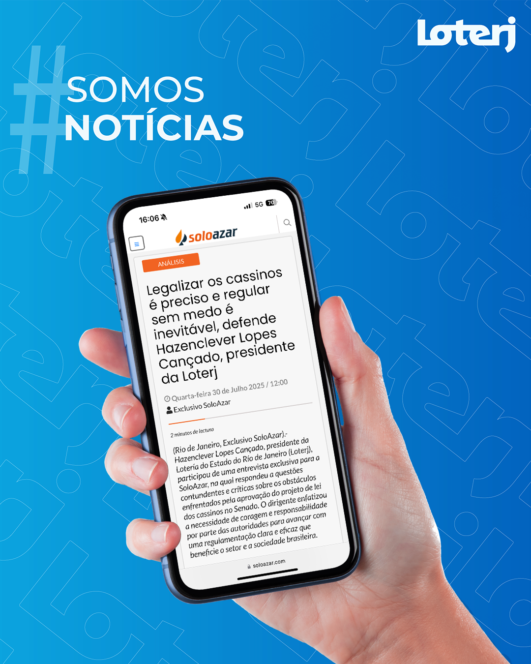 LOTERJ defende legalização dos cassinos em matéria no portal SoloAzar.